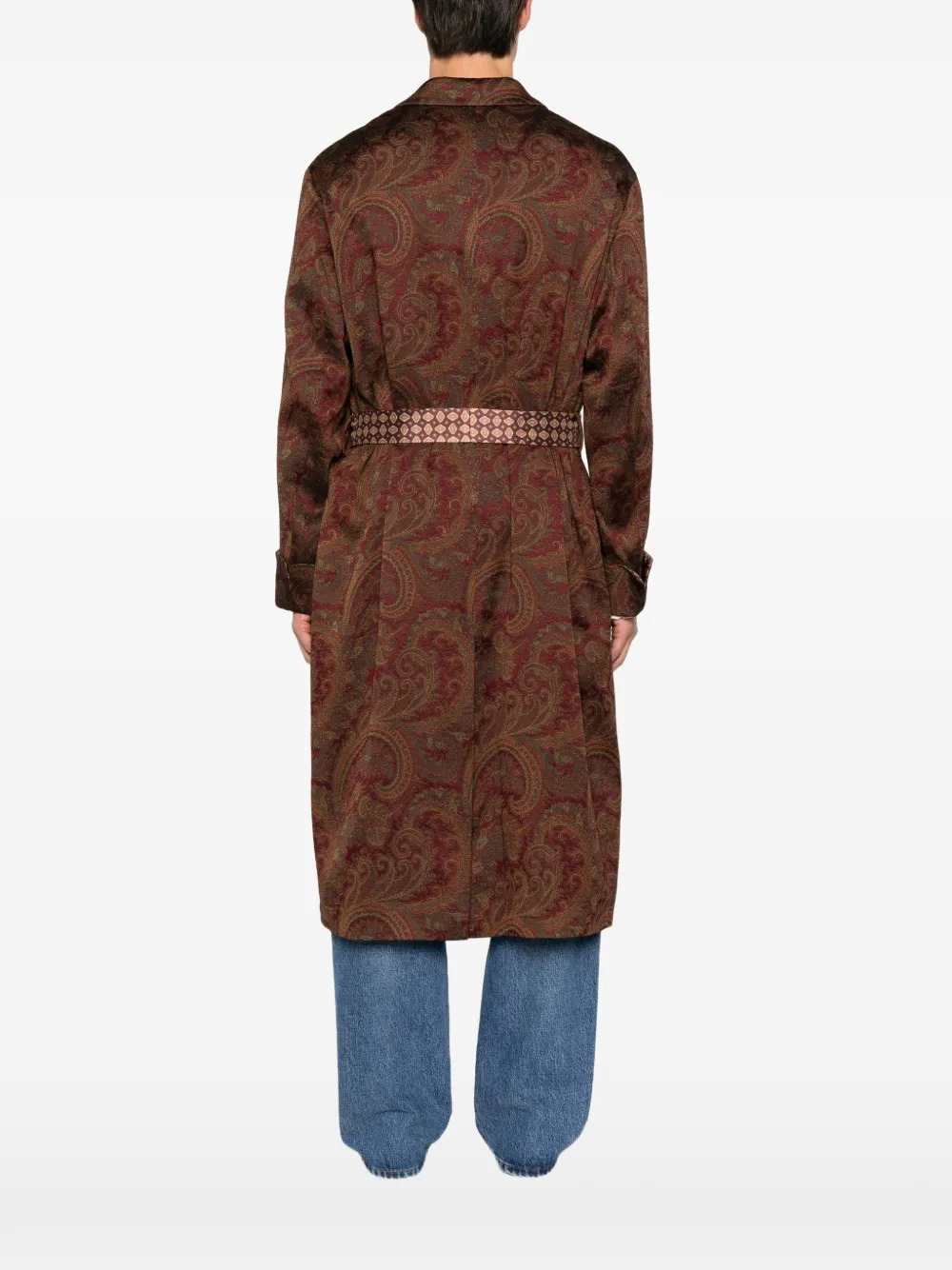 Etro Men Belted Coat With Jacquard Paisley Print