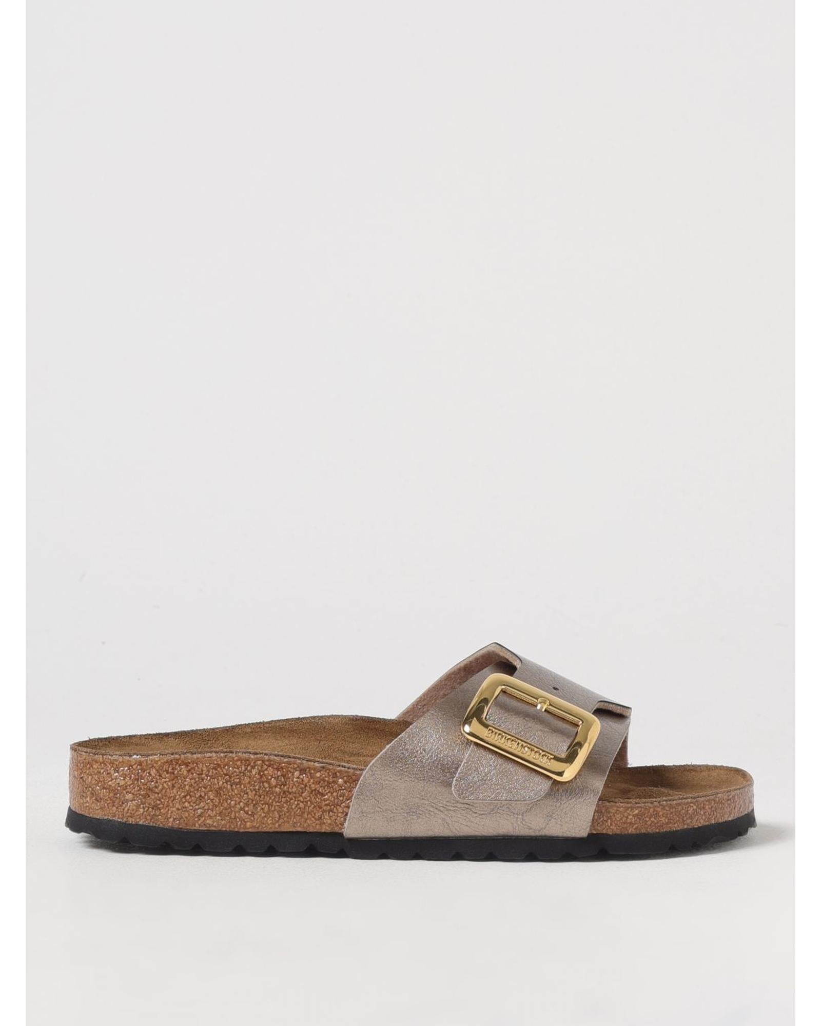 Birkenstock Arizona Metallic Leather Buckle Slides Women Dove Grey Flat Sandals
