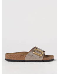 Birkenstock Arizona Metallic Leather Buckle Slides Women Dove Grey Flat Sandals