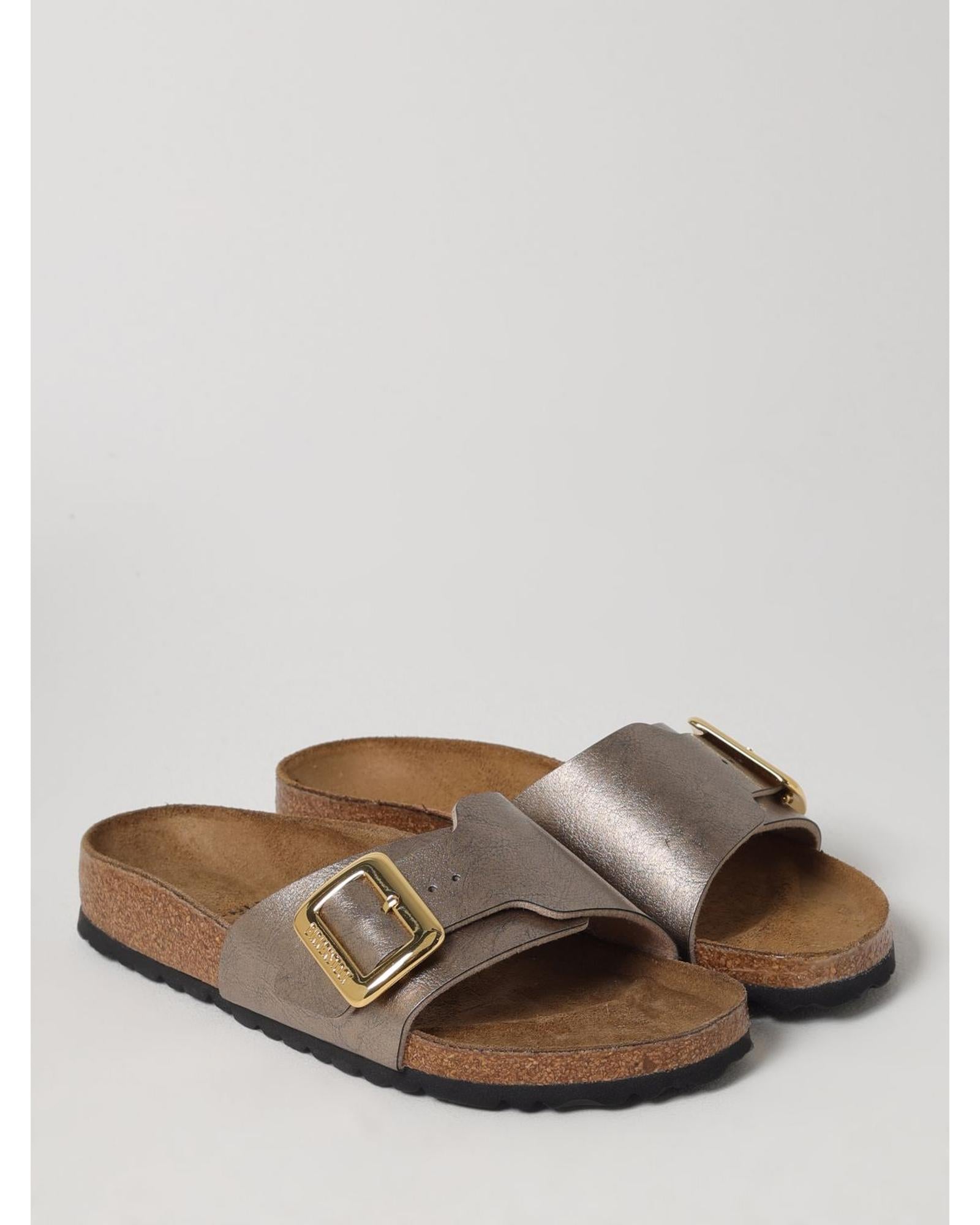 Birkenstock Arizona Metallic Leather Buckle Slides Women Dove Grey Flat Sandals