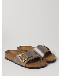Birkenstock Arizona Metallic Leather Buckle Slides Women Dove Grey Flat Sandals