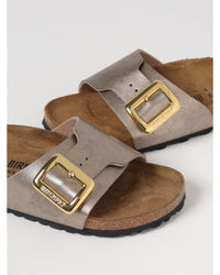 Birkenstock Arizona Metallic Leather Buckle Slides Women Dove Grey Flat Sandals