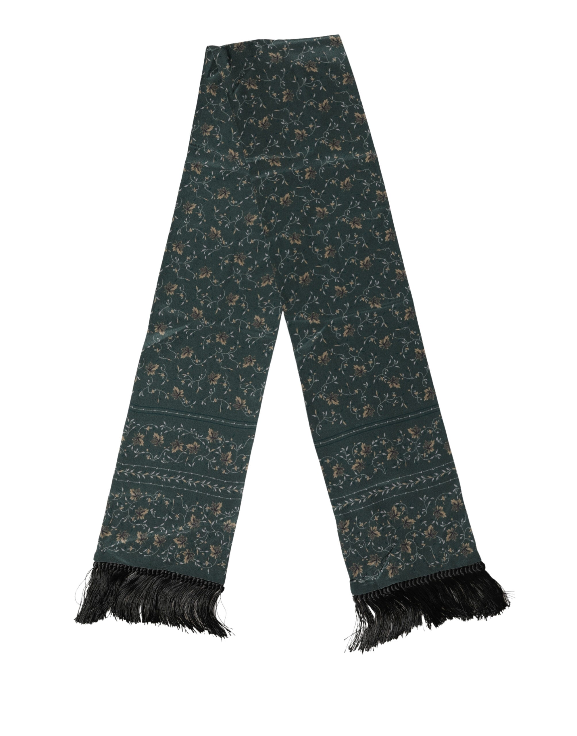 Dolce & Gabbana Green Silk Floral Pattern Fringed 135cm X 16cm Men's Scarf