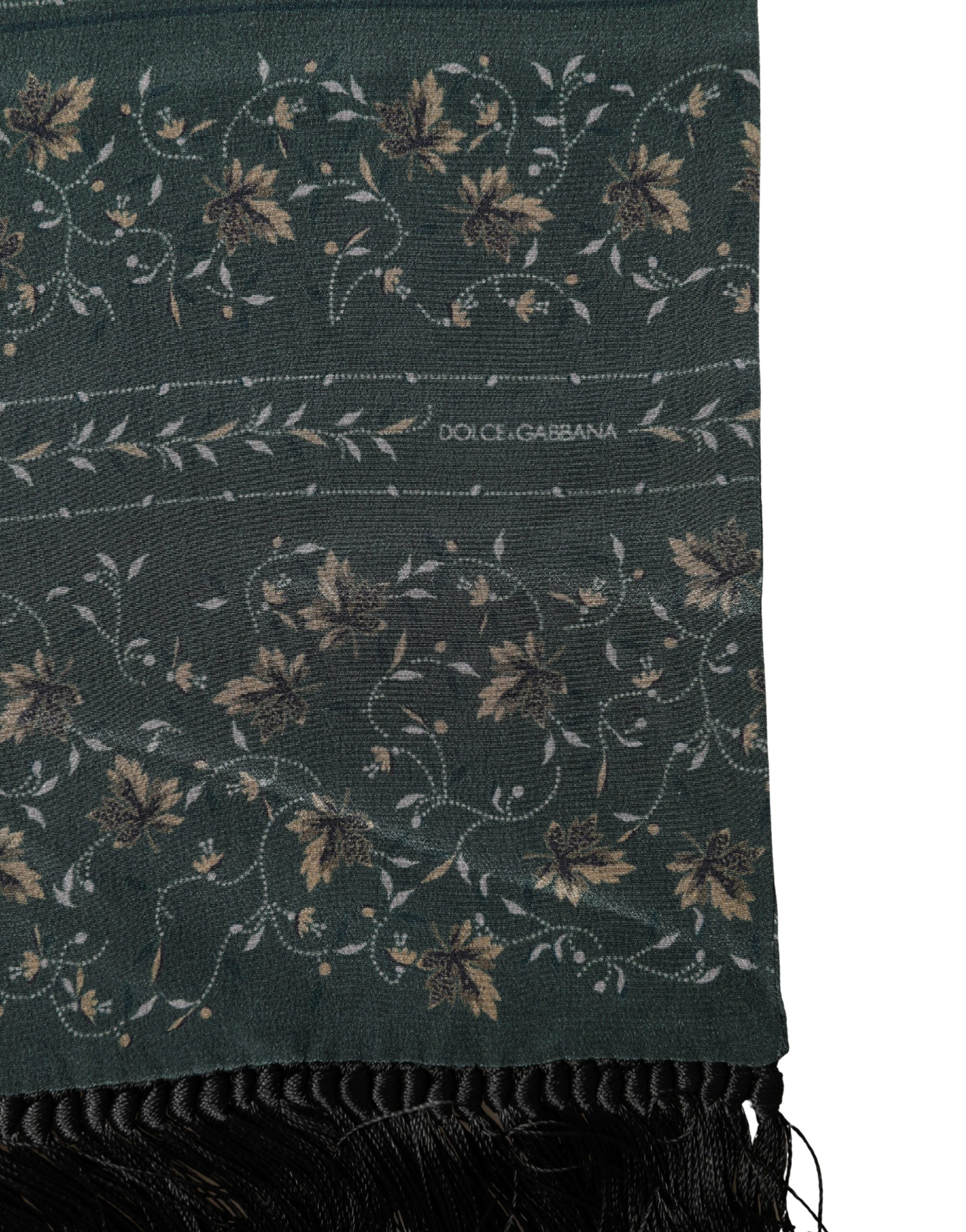 Dolce & Gabbana Green Silk Floral Pattern Fringed 135cm X 16cm Men's Scarf