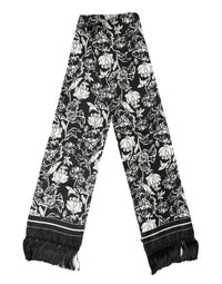 Dolce & Gabbana Black White Silk Floral Print Fringe 136cm X 15.5cm Men's Scarf