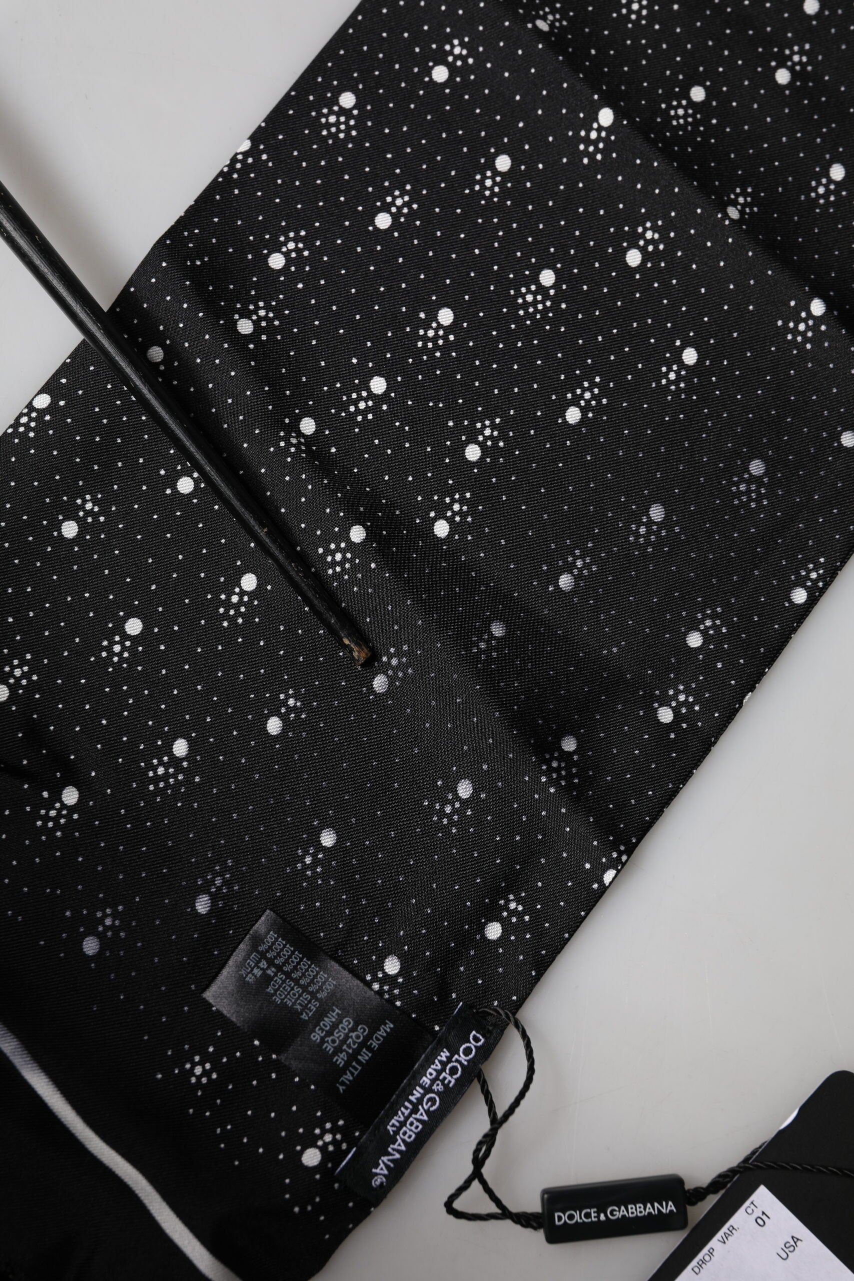Dolce & Gabbana Black White Silk Dotted Print Foulard 140cm X 15cm Men's Scarf