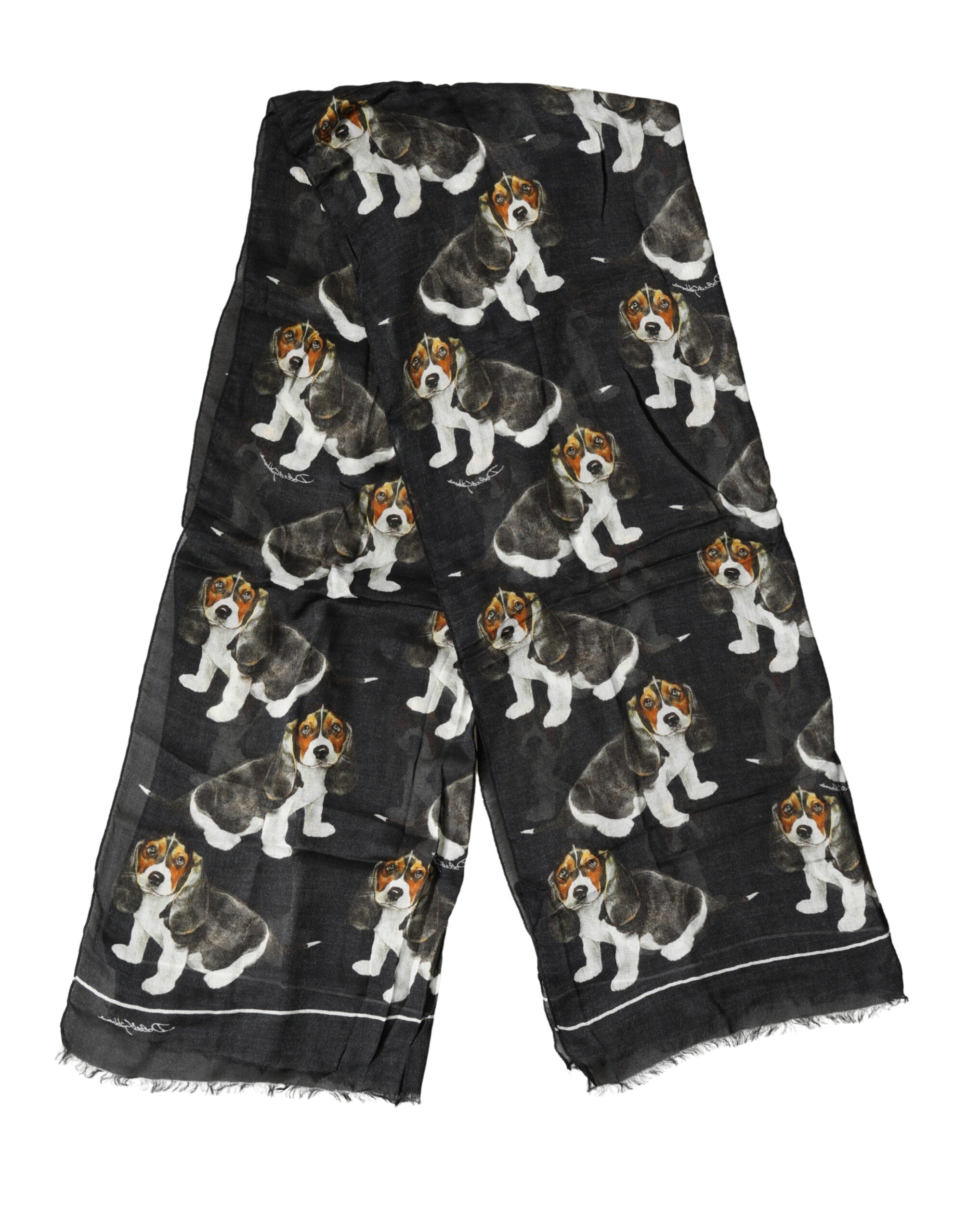 Dolce & Gabbana Black Dog Print Modal Wool Wrap Foulard 178cm X 63cm Men's Scarf