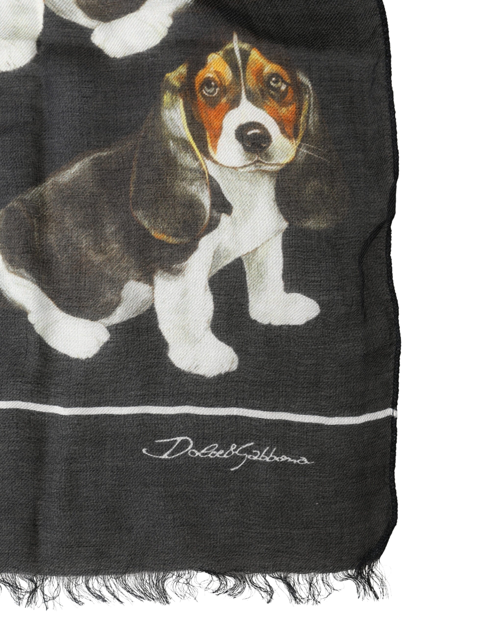 Dolce & Gabbana Black Dog Print Modal Wool Wrap Foulard 178cm X 63cm Men's Scarf