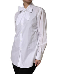 Dolce & Gabbana White Cotton Bow Tie Long Sleeves Blouse Women's Top
