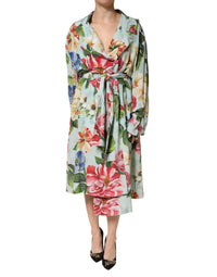 Dolce & Gabbana Green Floral Silk Wrap Midi Long Sleeve Women's Dress