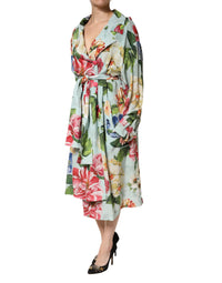 Dolce & Gabbana Green Floral Silk Wrap Midi Long Sleeve Women's Dress