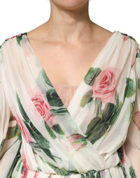 Dolce & Gabbana Green Floral Silk Wrap Midi Long Sleeve Women's Dress