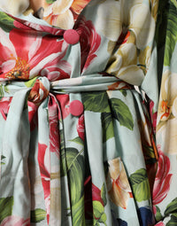 Dolce & Gabbana Green Floral Silk Wrap Midi Long Sleeve Women's Dress