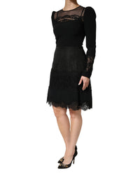 Dolce & Gabbana Black Lace Sheer Panel Midi Long Sleeve Women's Dress