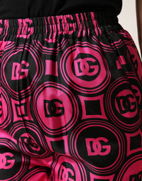 Dolce & Gabbana Black Fuchsia Silk Logo Elastic Waist Women's Shorts