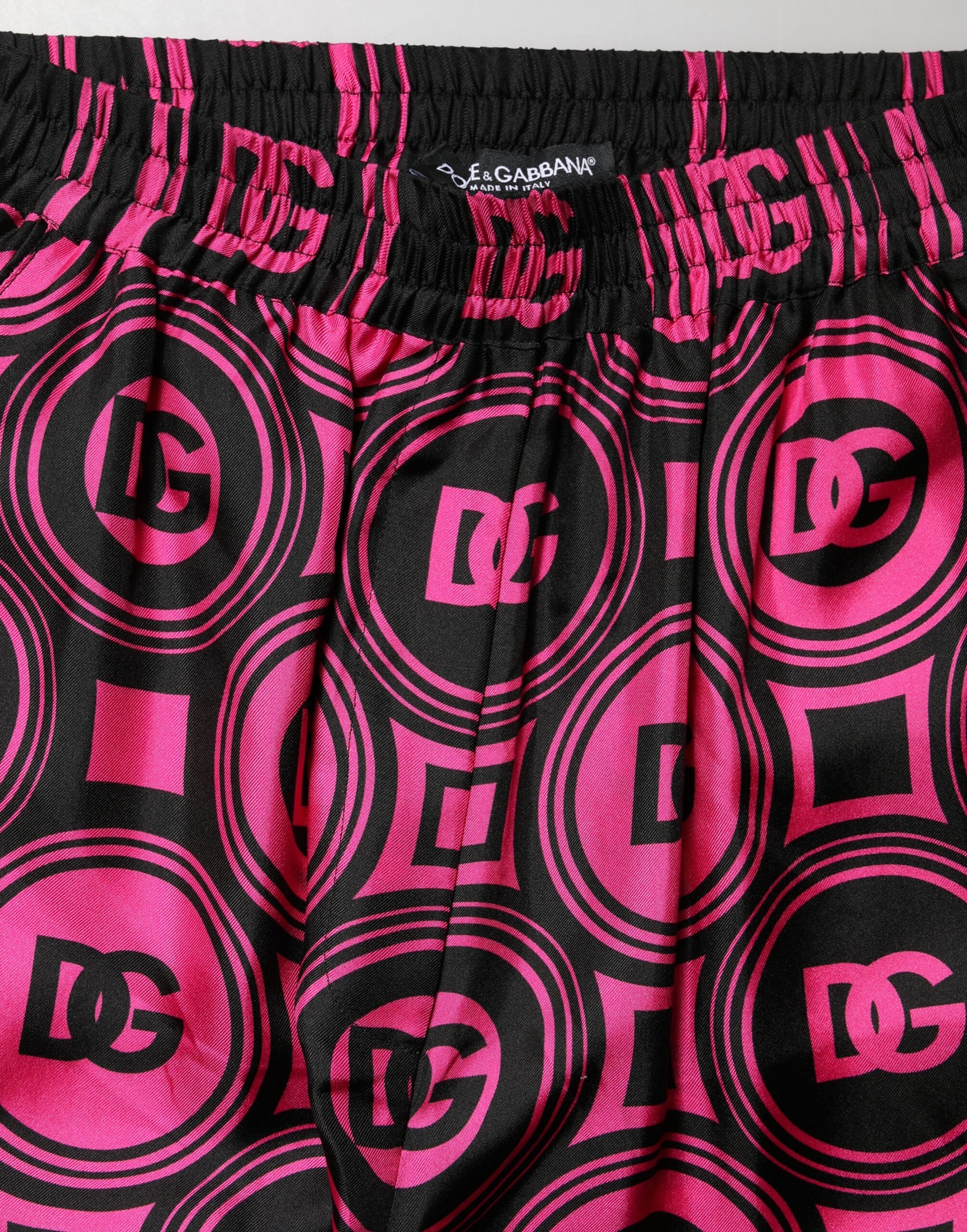 Dolce & Gabbana Black Fuchsia Silk Logo Elastic Waist Women's Shorts