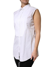 Dolce & Gabbana White Cotton Pleated Sleeveless Button Down Women's Top