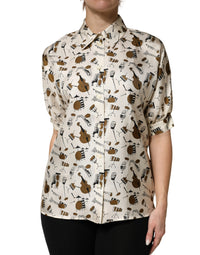 Dolce & Gabbana Beige Musical Instrument Print Short Sleeve Women's Top