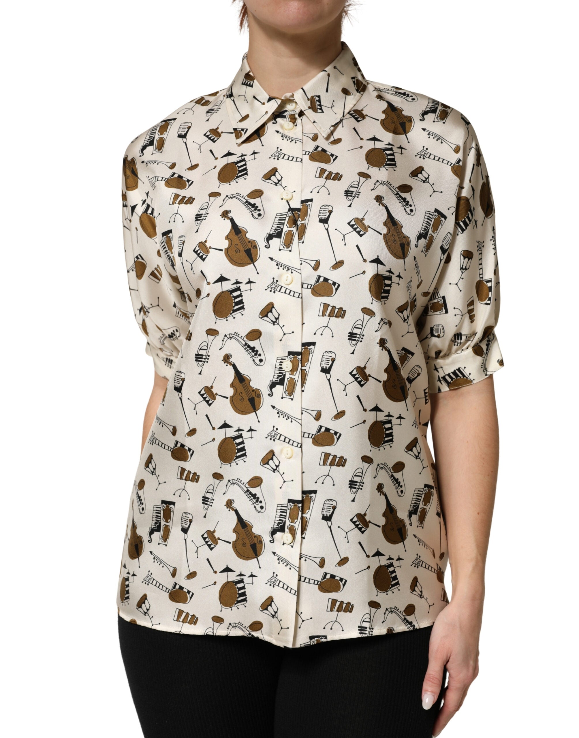 Dolce & Gabbana Beige Musical Instrument Print Short Sleeve Women's Top