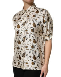 Dolce & Gabbana Beige Musical Instrument Print Short Sleeve Women's Top