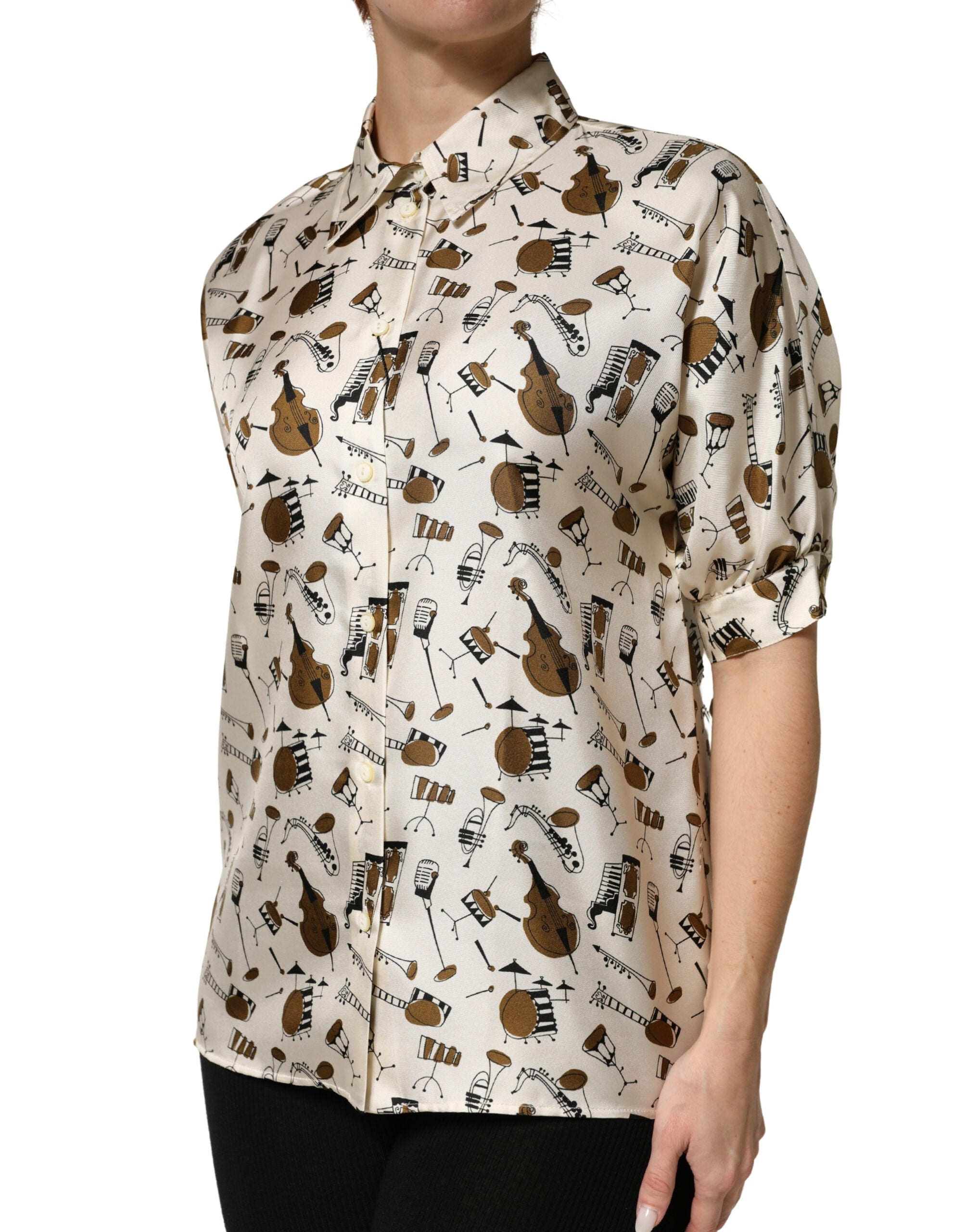 Dolce & Gabbana Beige Musical Instrument Print Short Sleeve Women's Top