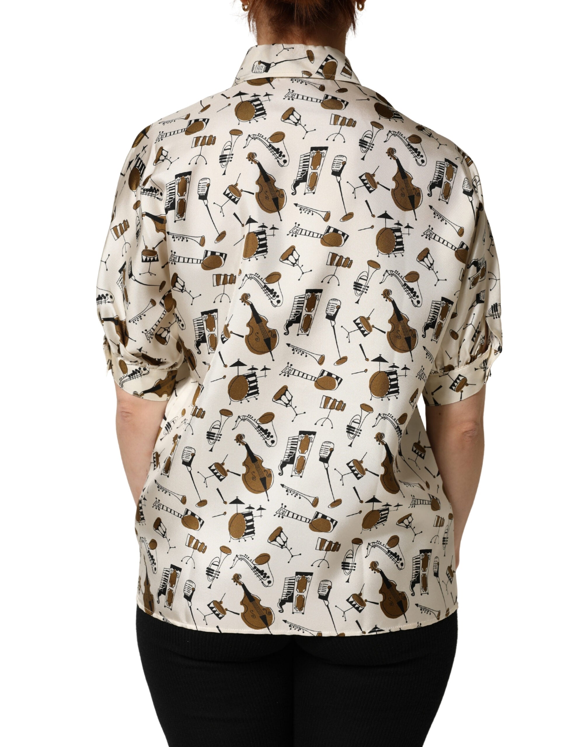 Dolce & Gabbana Beige Musical Instrument Print Short Sleeve Women's Top