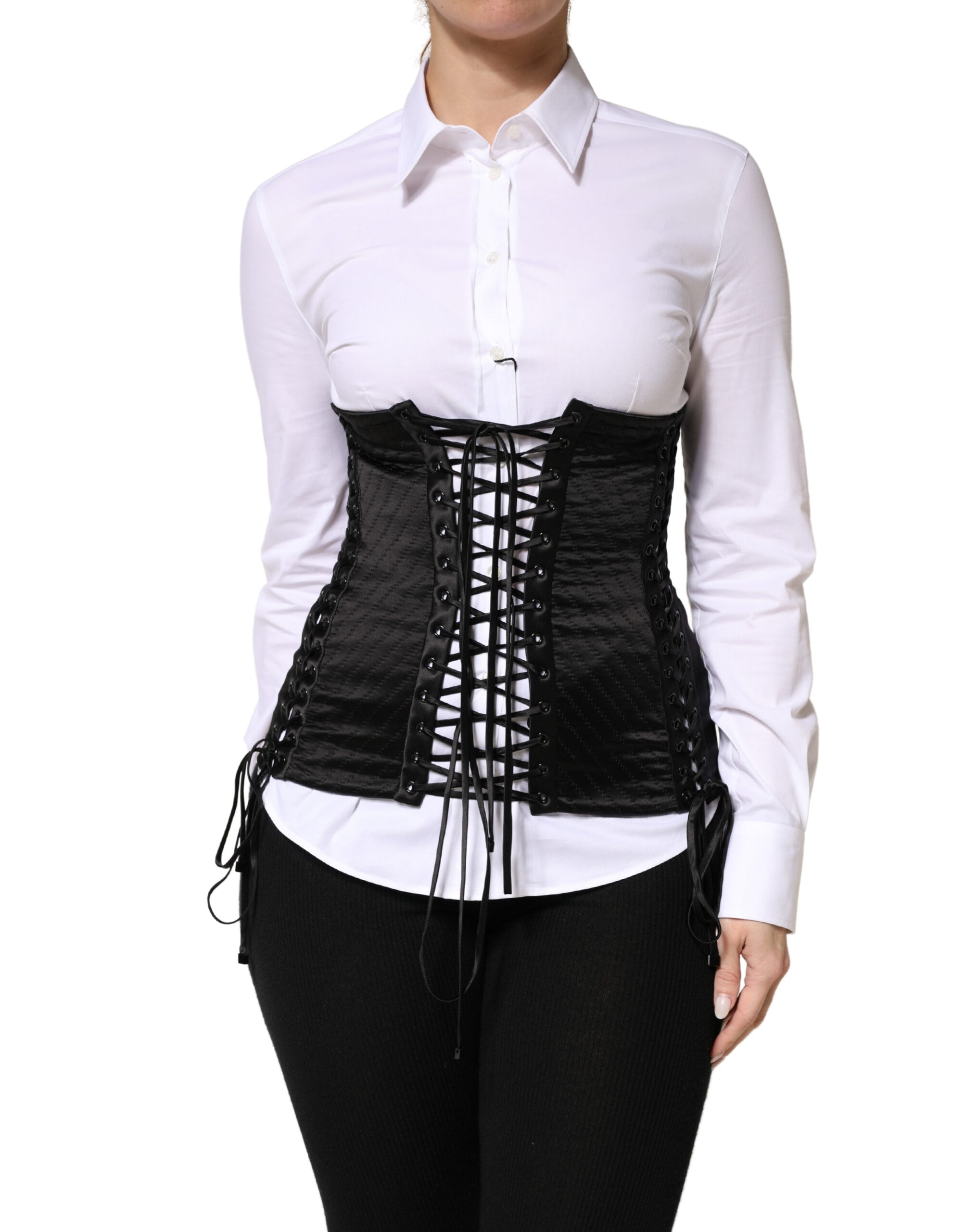 Dolce & Gabbana Black Silk Lace-Up Waist Cincher Corset Women's Top
