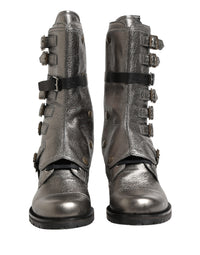 Dolce & Gabbana Metallic Leather Buckle Combat Boots Men's Shoes