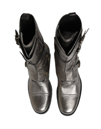 Dolce & Gabbana Metallic Leather Buckle Combat Boots Men's Shoes