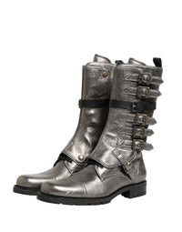 Dolce & Gabbana Metallic Leather Buckle Combat Boots Men's Shoes