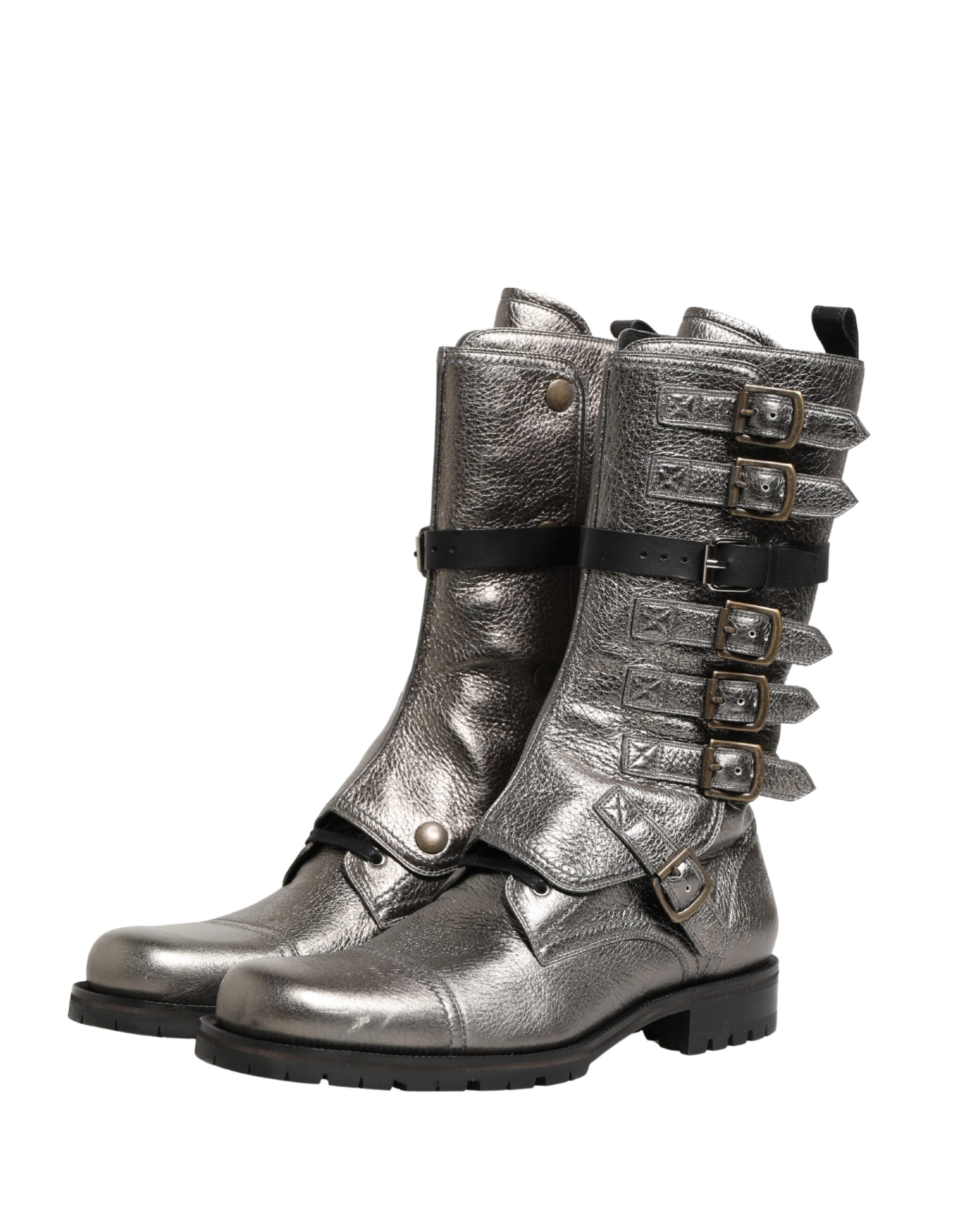 Dolce & Gabbana Metallic Leather Buckle Combat Boots Men's Shoes