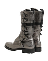 Dolce & Gabbana Metallic Leather Buckle Combat Boots Men's Shoes