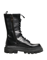 Dolce & Gabbana Black Leather Trek Sole Combat Boots Men's Shoes