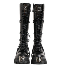 Dolce & Gabbana Black Leather Knee High Combat Boots Men's Shoes