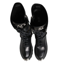 Dolce & Gabbana Black Leather Knee High Combat Boots Men's Shoes