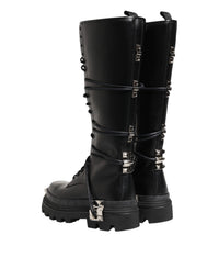 Dolce & Gabbana Black Leather Knee High Combat Boots Men's Shoes
