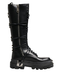 Dolce & Gabbana Black Leather Knee High Combat Boots Men's Shoes
