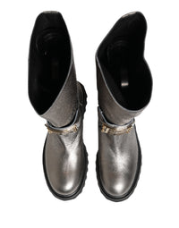 Dolce & Gabbana Metallic Silver Leather Mid Calf Boots Men's Shoes