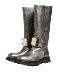 Dolce & Gabbana Metallic Silver Leather Mid Calf Boots Men's Shoes