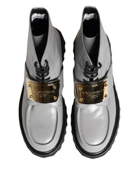 Dolce & Gabbana Gray Leather Logo Plaque Ankle Boots Men's Shoes