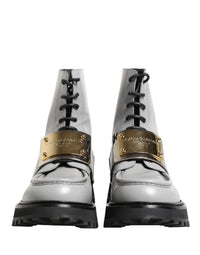 Dolce & Gabbana Gray Leather Logo Plaque Ankle Boots Men's Shoes