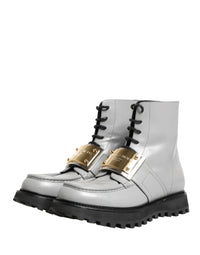 Dolce & Gabbana Gray Leather Logo Plaque Ankle Boots Men's Shoes