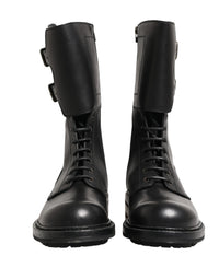 Dolce & Gabbana Black Leather Belted Buckle Combat Boots Men's Shoes