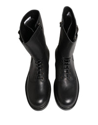 Dolce & Gabbana Black Leather Belted Buckle Combat Boots Men's Shoes