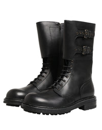 Dolce & Gabbana Black Leather Belted Buckle Combat Boots Men's Shoes