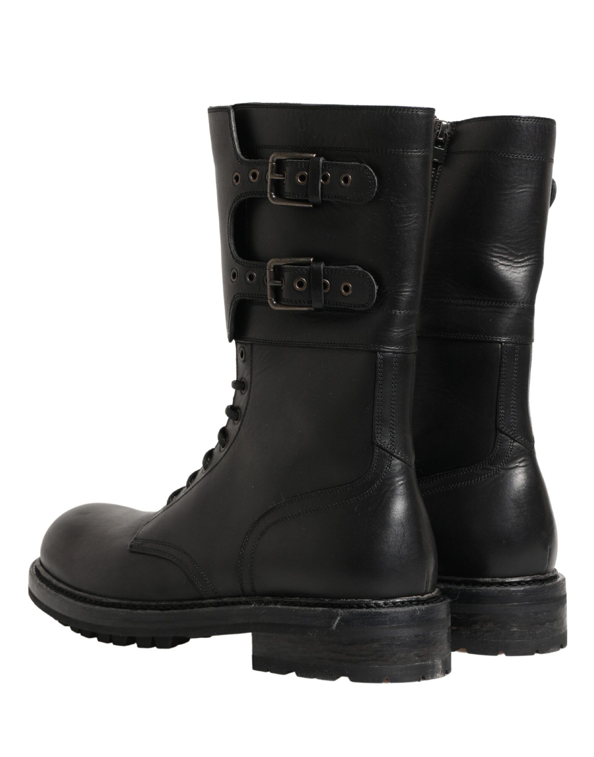Dolce & Gabbana Black Leather Belted Buckle Combat Boots Men's