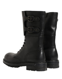 Dolce & Gabbana Black Leather Belted Buckle Combat Boots Men's Shoes