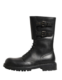 Dolce & Gabbana Black Leather Belted Buckle Combat Boots Men's Shoes