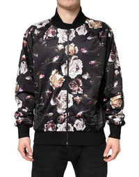 Dolce & Gabbana Black Floral Polyester Full Zip Bomber Men's Jacket
