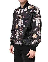 Dolce & Gabbana Black Floral Polyester Full Zip Bomber Men's Jacket